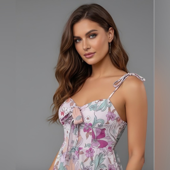 Boho Floral Print Tie Shoulder Ruffle Trim Cami Dress - Picture 2 of 9